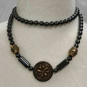 Hematite Beaded Vintage Necklace with Decorative Medallion